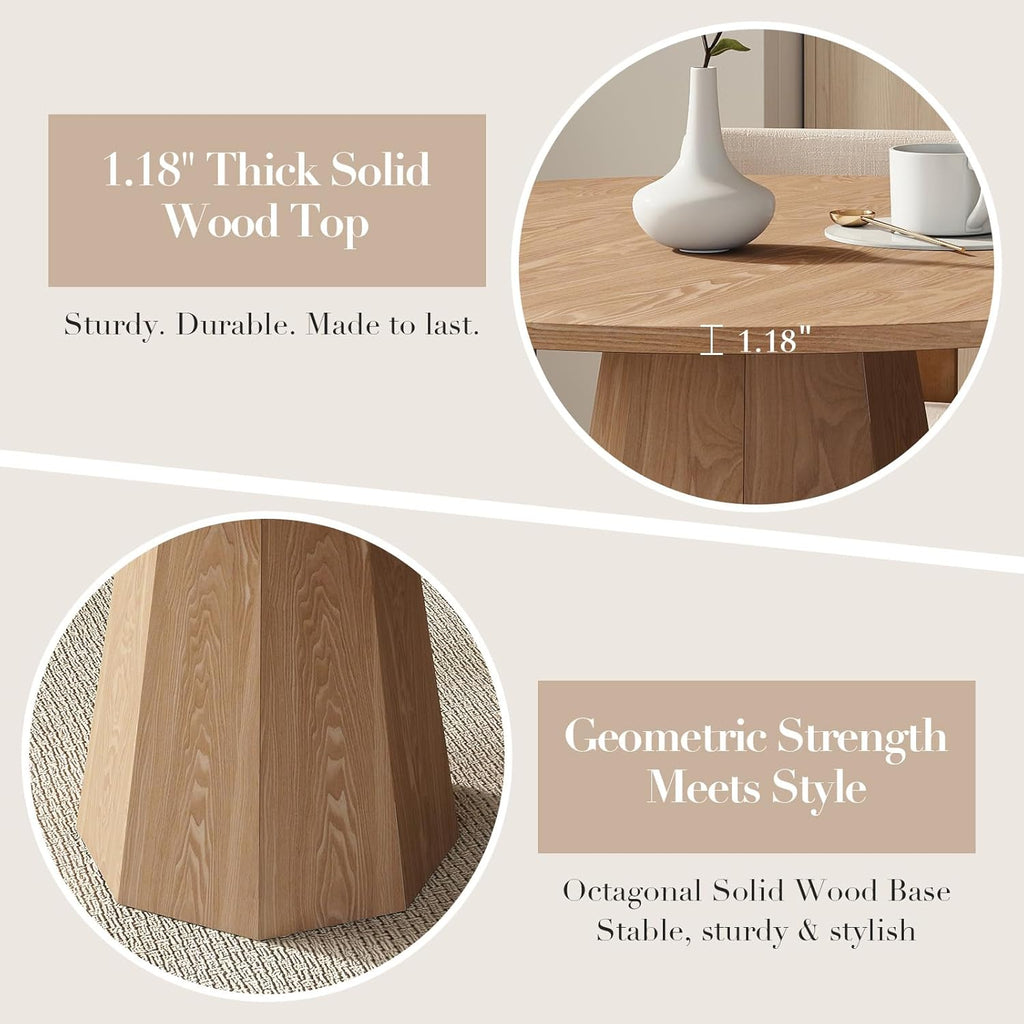 39” Round Solid Wood Dining Table for 4-5 People, Modern Pedestal Kitchen Table with Octagon Base, Circle