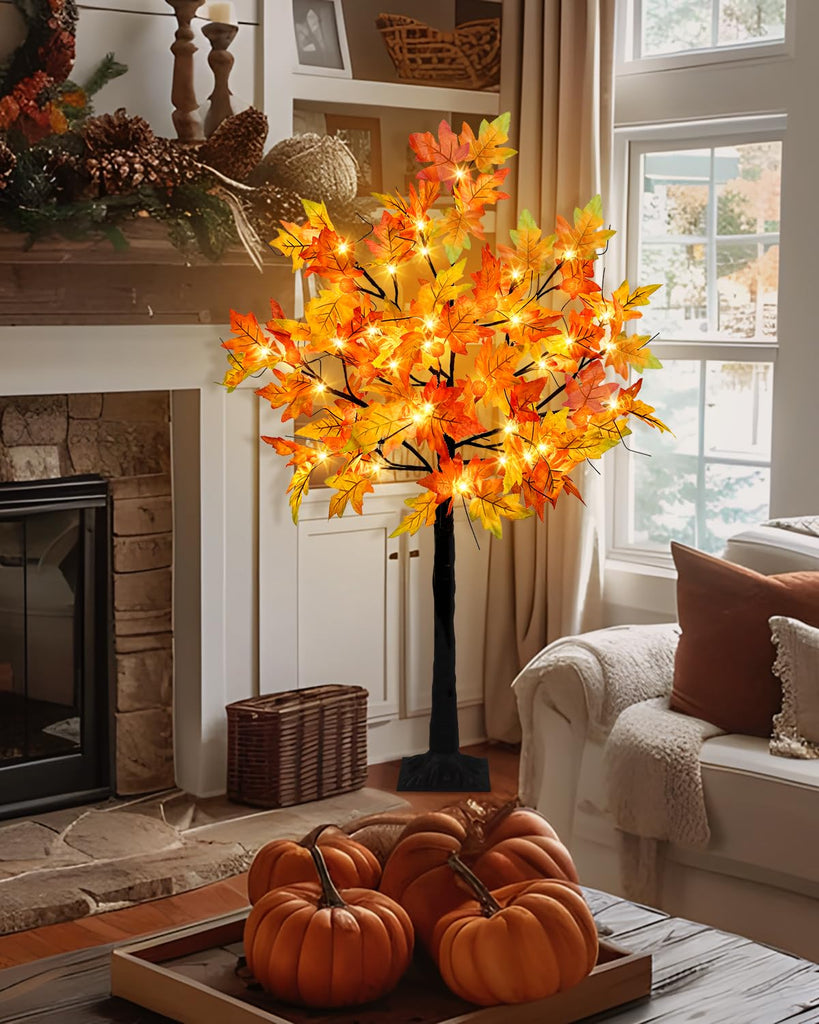 4FT Fall Lighted Maple Trees with 48 LEDs Lights 12 Pumpkins Fake Fall Light Up Tree Artificial Autumn Maple Trees