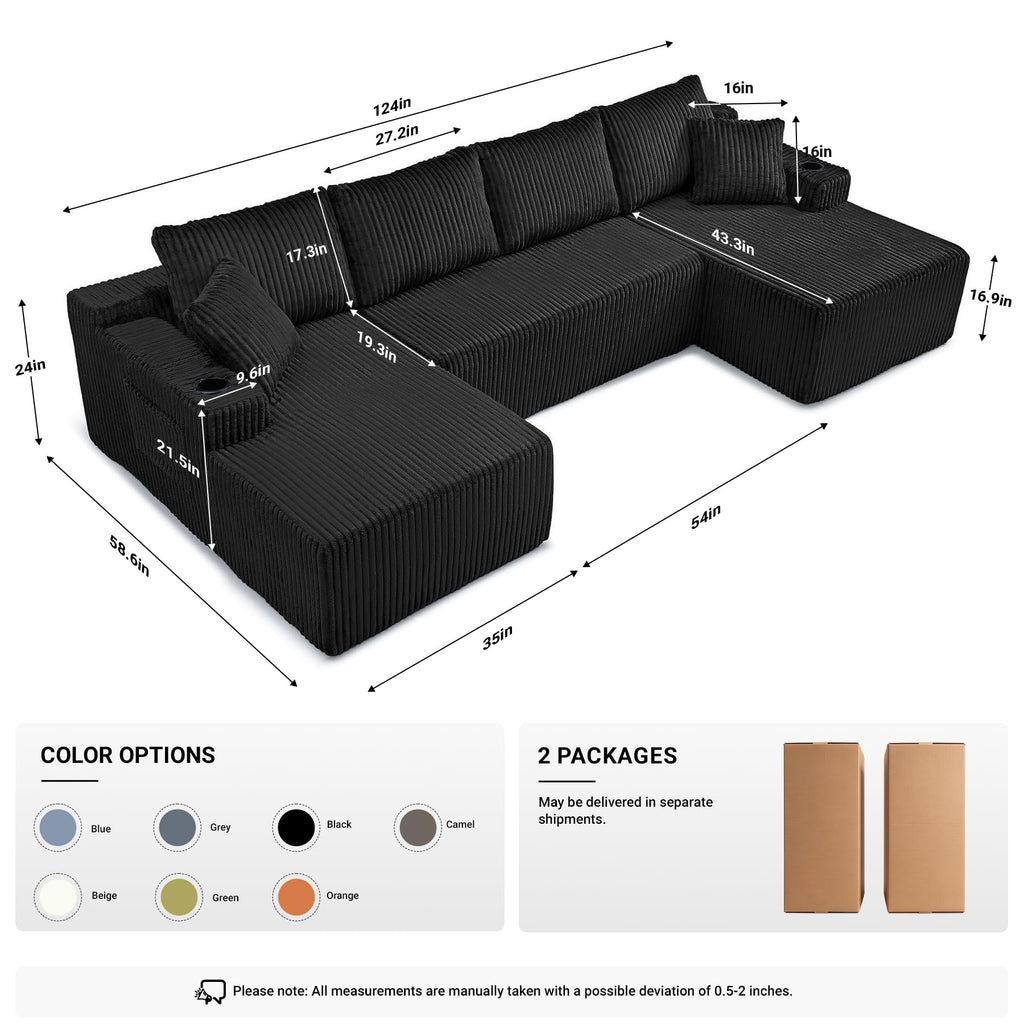 124" Cloud Boneless Couch, Oversized Sectional Couches, Modern Modular Couch with Cup Holders, Black Comfy Corduroy U