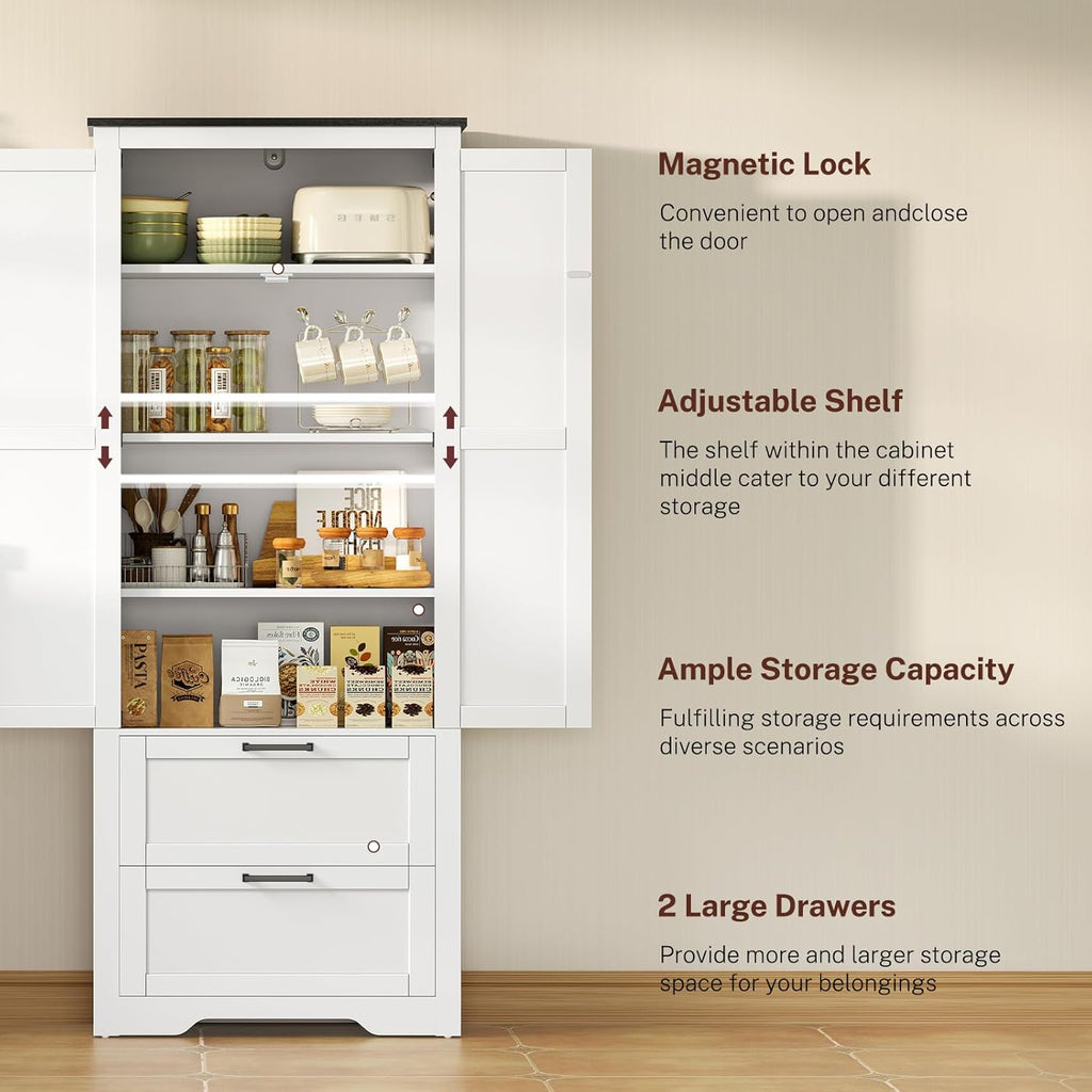 66.1" H Storage Cabinet with 2 Drawers, Farmhouse Kitchen Pantry Cabinet with 2 Doors & Adjustable Shelf, Bathroom