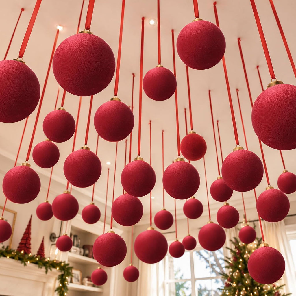 Velvet Christmas Balls Bulk, Flocked Christmas Tree Ornaments(Red) - Set of 48
