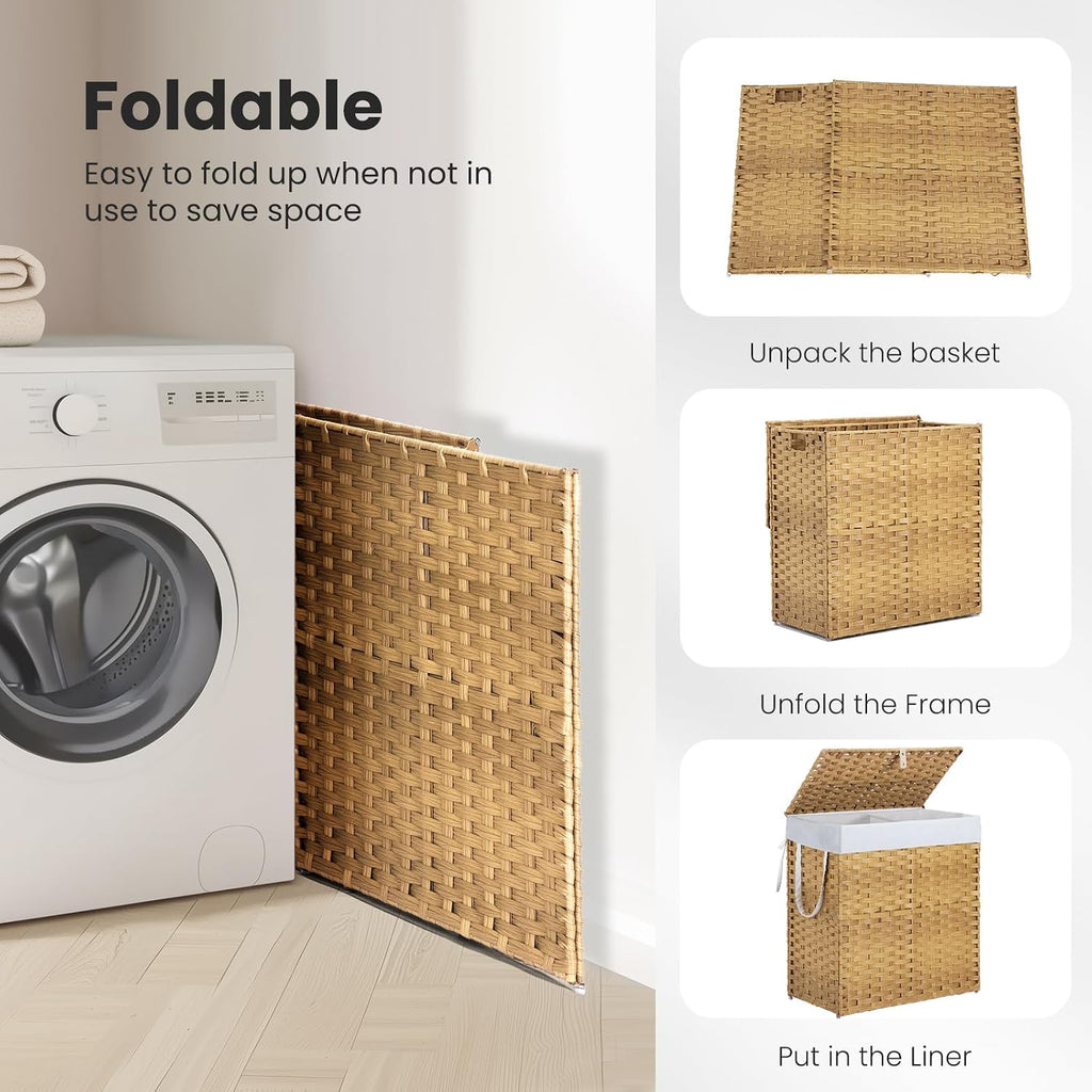 Wicker Laundry Basket with Lid, 110L Woven Laundry Hamper with Handles, Foldable Rattan Clothes Hamper with Removable