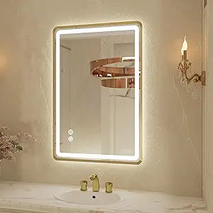 20"x 28" Gold Framed Led Mirrors, Wall Mounted Lighted Bathroom Vanity Mirror, Front and Backlight, Stepless Dimmable,