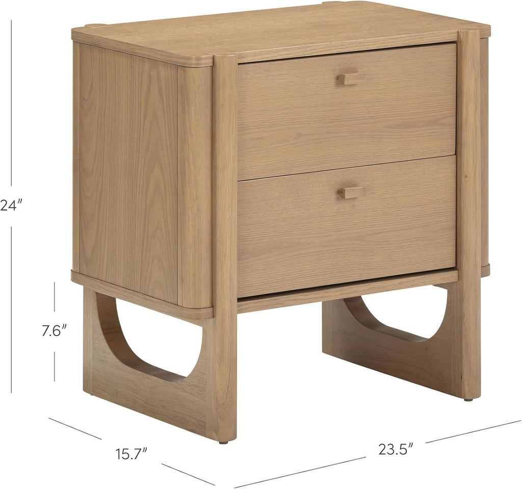Solace Mid Century Modern 2 Drawer Nightstand with Solid Wood Frame and Rounded Details, Raw Oak