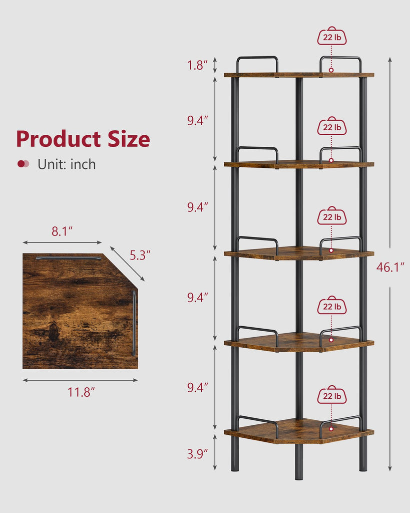 5 Tier Corner Shelf Stand, Small Corner Table, Rustic Brown