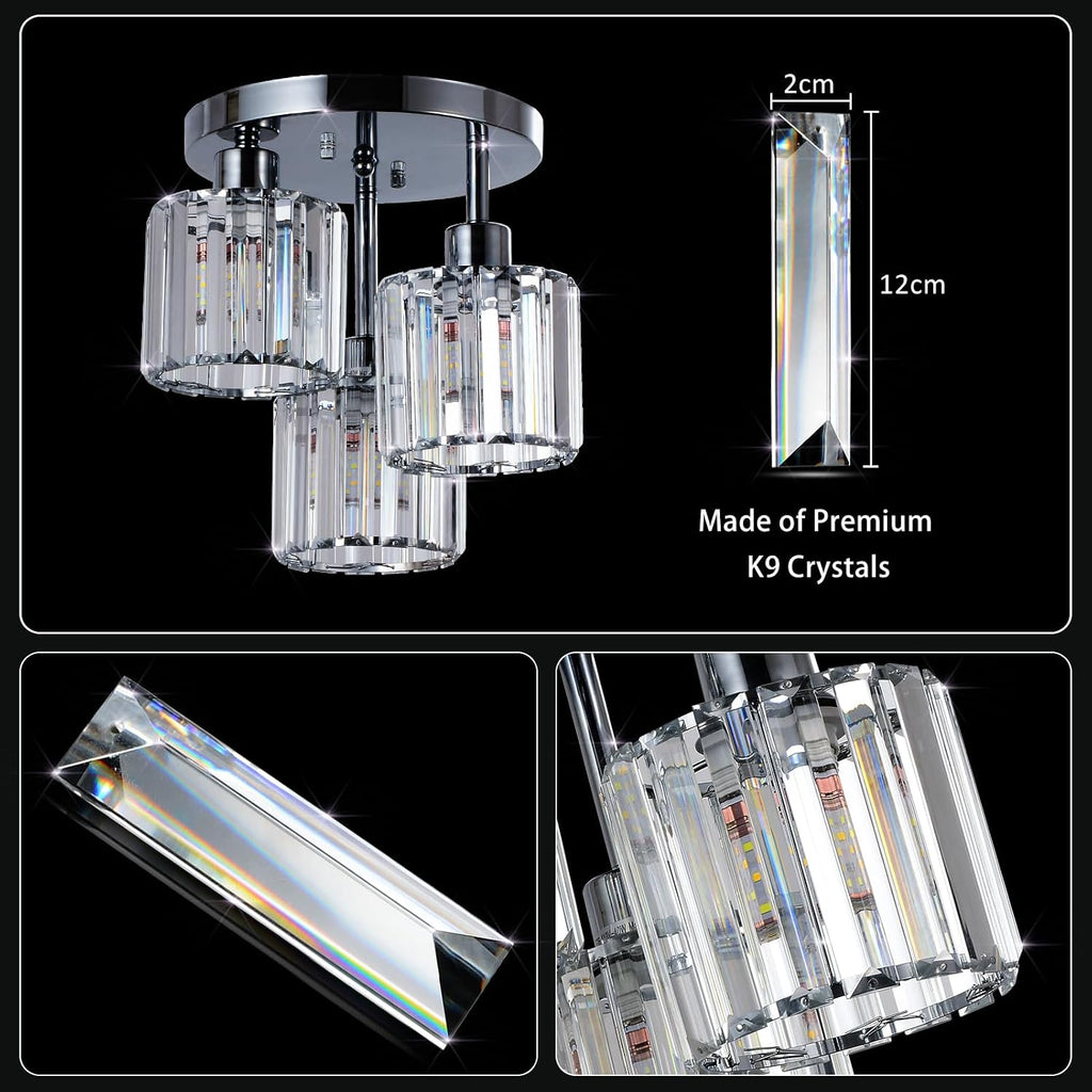 Semi Flush Mount Ceiling Light,3-Light Modern Close to Ceiling Light Fixtures,Kitchen Light with Clear Crystal