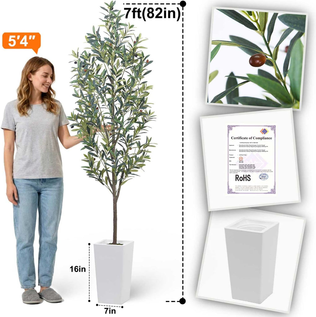 7ft Artificial Olive Tree Decor, 7 Feet Large Faux Plant Fake Skinny Silk Trees with Pot for Indoor Outdoor House