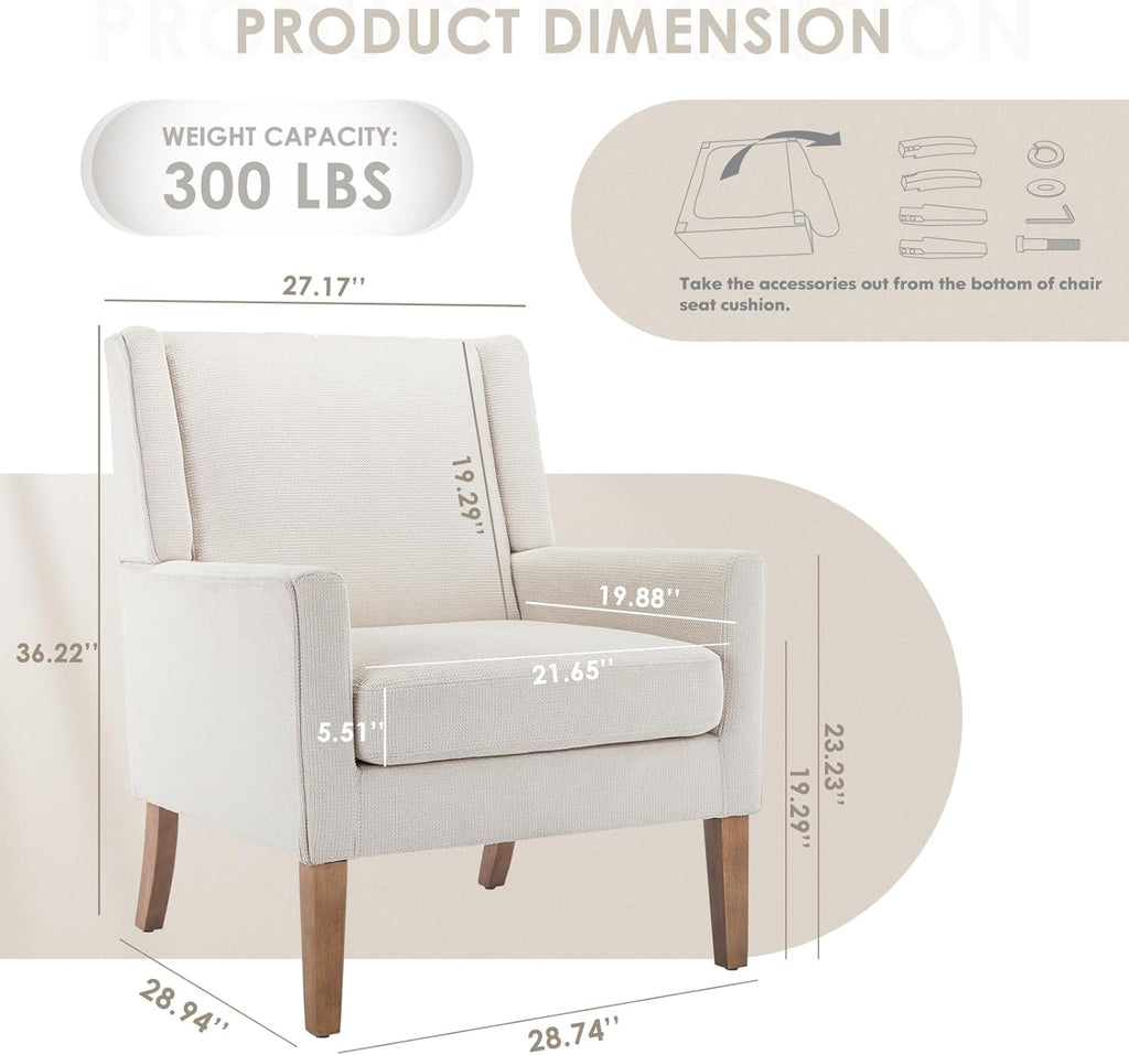 Modern Wingback Living Room Chair, Upholstered Fabric Accent Armchair, Single Sofa Chair with Lounge Seat and Wood