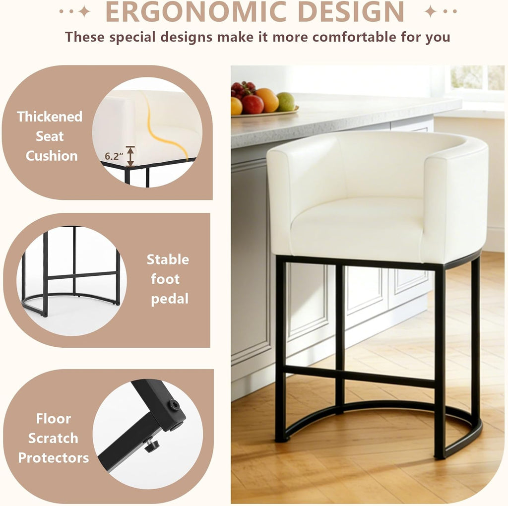 26" H Counter Height Bar Stools Set of 3, Modern Barrel Counter Chairs with Backrest and Arms, Faux Leather