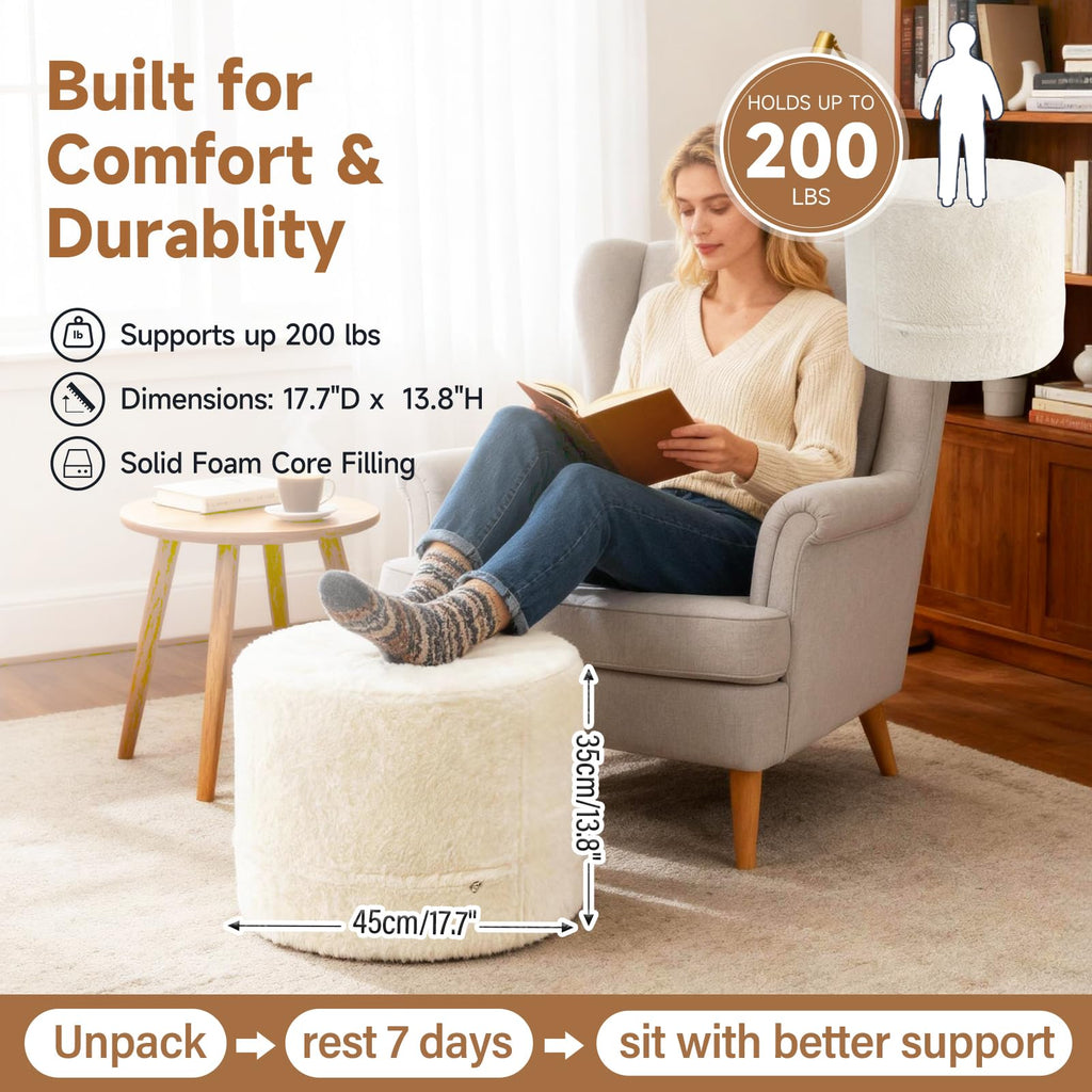 Round Pouf Ottoman, Soft Plush Foot Stool with Solid Foam Block