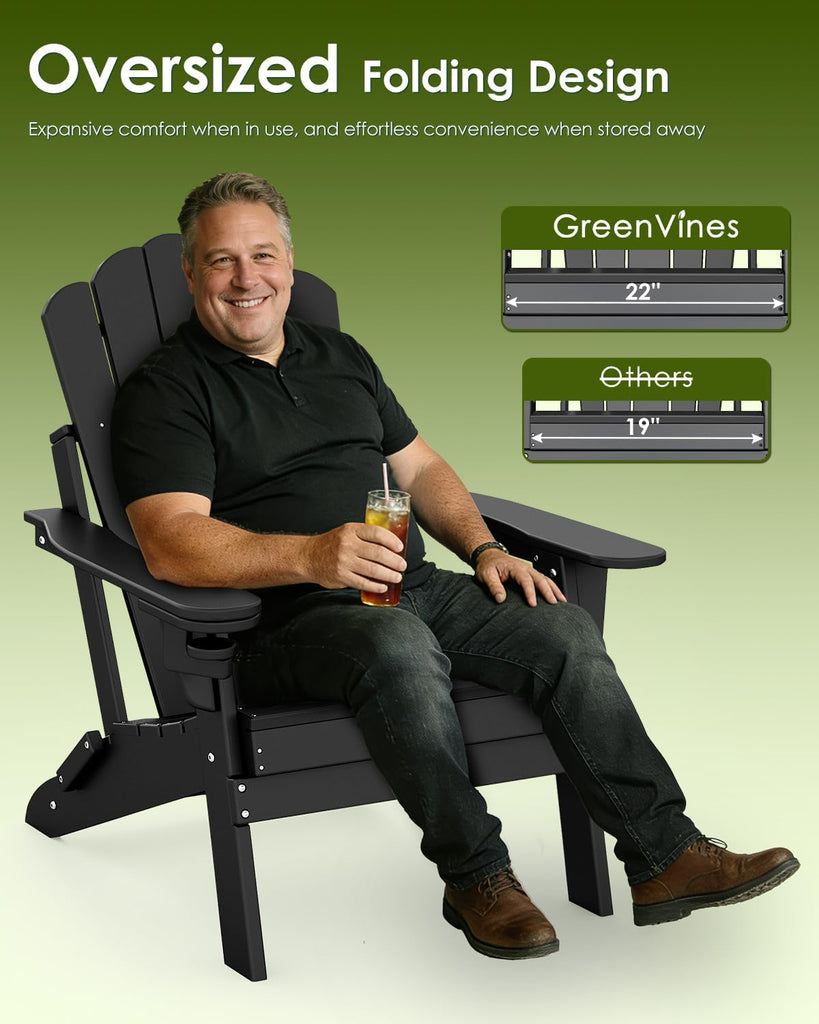 Oversized Folding Adirondack Chairs Set of 2, HDPE, Black | Cup Holder | 22" Extra-Wide | All Weather | Plastic Fire