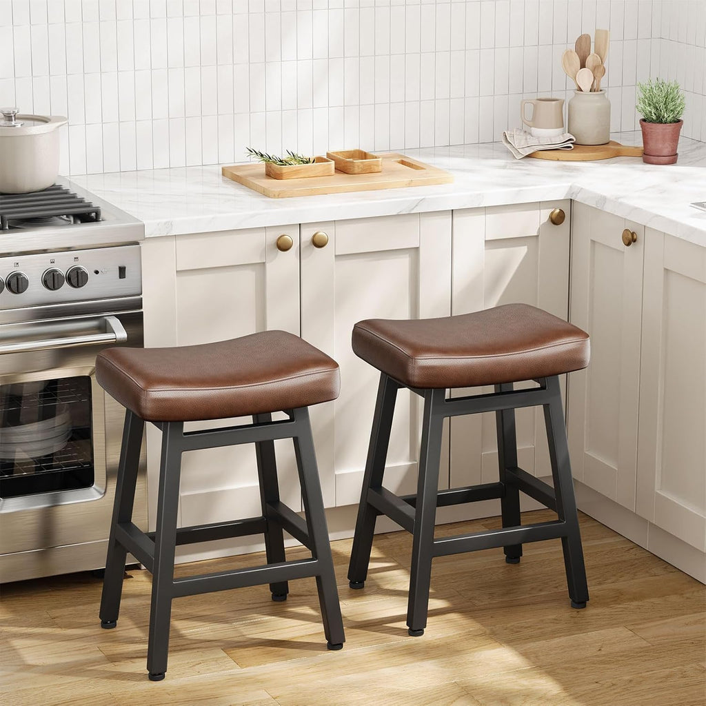 Counter Height Bar Stools Set of 2, 24 Inch Barstools Counter, Kitchen Stools with Bonded Leather Saddle Seats