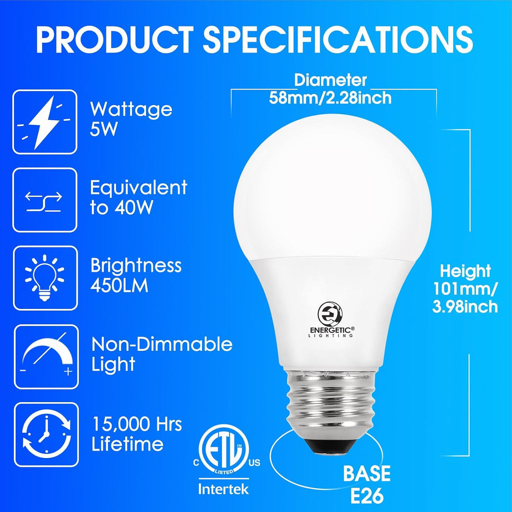 40W Equivalent A19 LED Light Bulb, Soft White 2700K, E26 Standard Base, ETL Listed, 5W 450lm Non-Dimmable LED Light - Set of 8