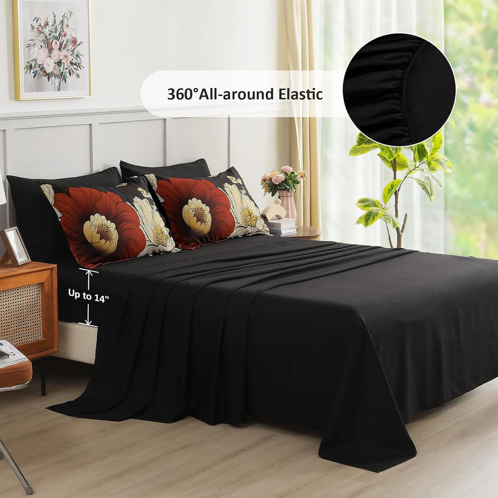 Black Floral Comforter Set 7 Pieces Bed in a Bag Flower Bedding Sets Lightweight Boho Bed Set