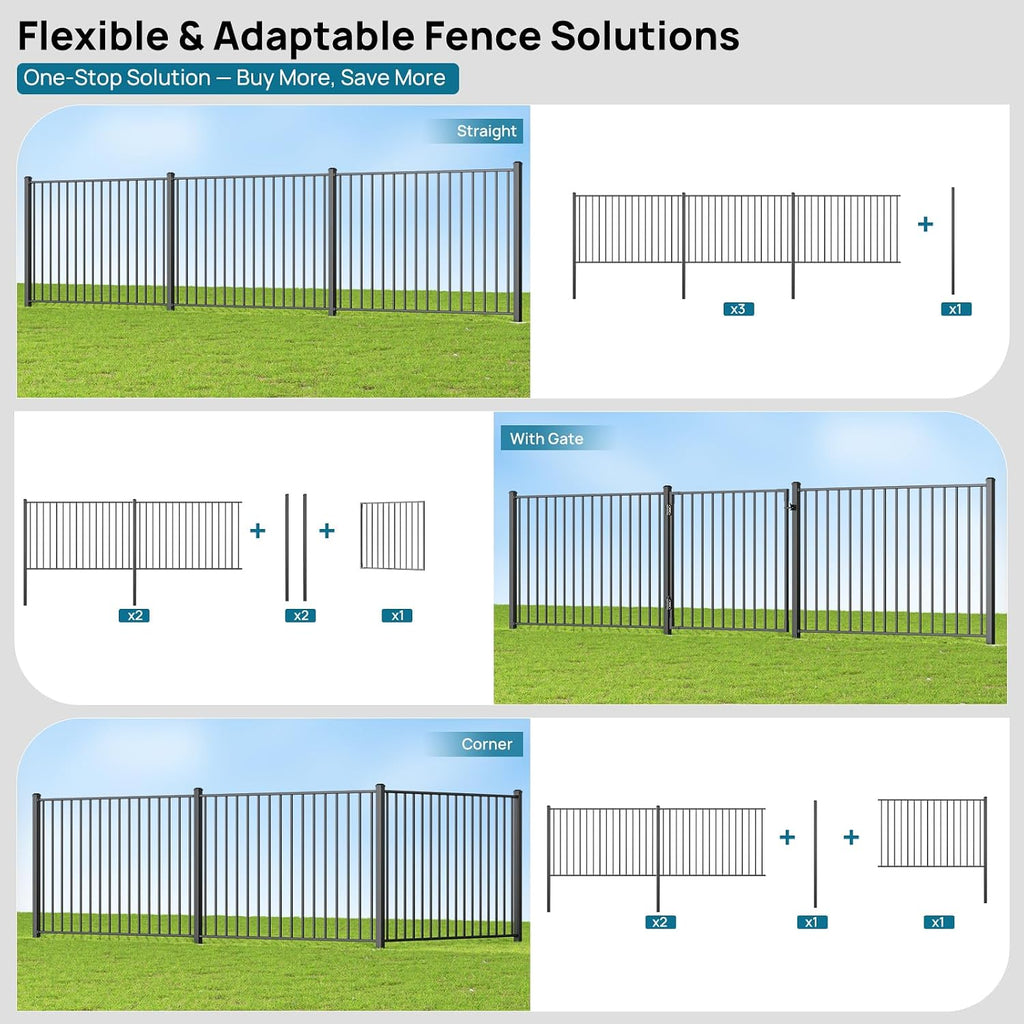 4 ft. H x 6 ft. W Aluminum Boundary Fence Kit, Rustproof AAMA 2604 Powder-Coat Finish Black Textured, Modular Fence