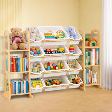 Toy Storage Organizer with Bookshelf - Wooden Toy Organizer with 12 Toy Bins & 6 Tier Bookcase,Quick Assembly Kids