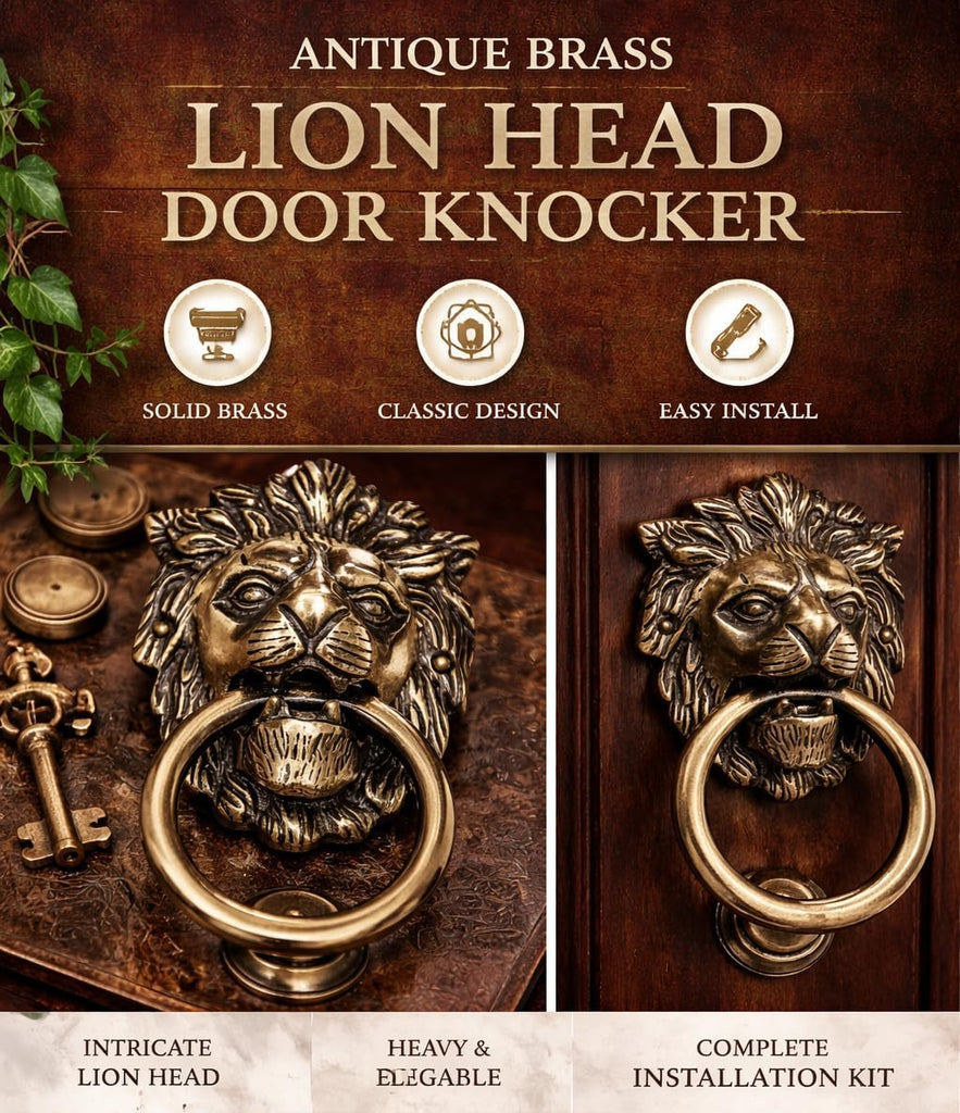 Brass Door Knocker Hand-Etched Carved Gate Knocker Handle Pull Home Decor Hardware Lion Head Design Golden Color 5.5