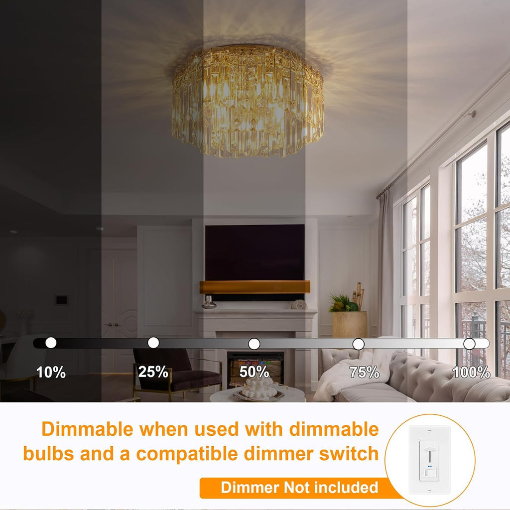 Flush Mount Crystal Chandelier, 18 inch Modern Crystal Ceiling Lights with Warm White Light Bulb (2700K), Flush Mount