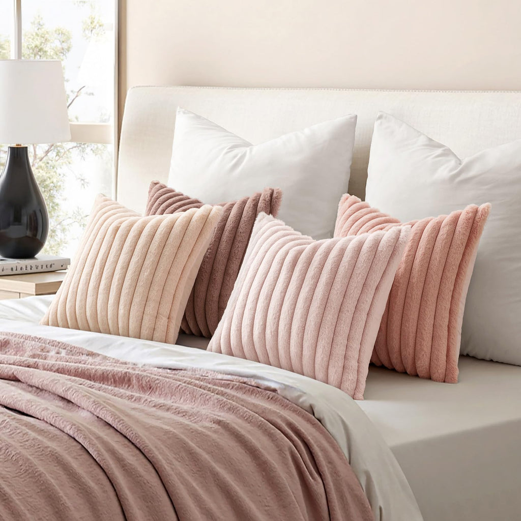 Faux Fur Plush Decorative Throw Pillow Covers 18x18 Set of 4, Valentine's Day Cute Modern Soft Romantic Fuzzy Striped
