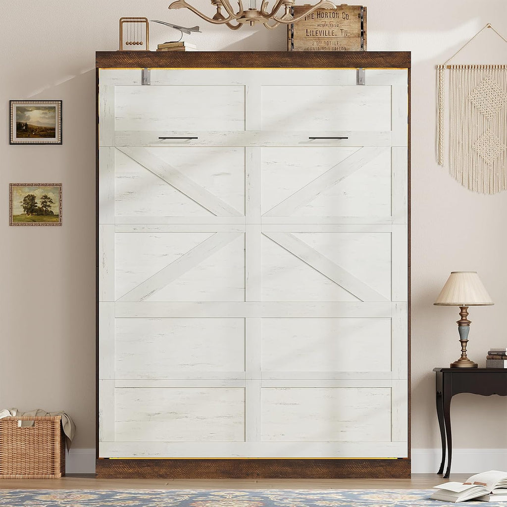 Full Murphy Bed with 2 LED Lights, Farmhouse Wood Hidden Foldable Wall Bed Frame w/Gas Struts, Storage Bed Cabinet