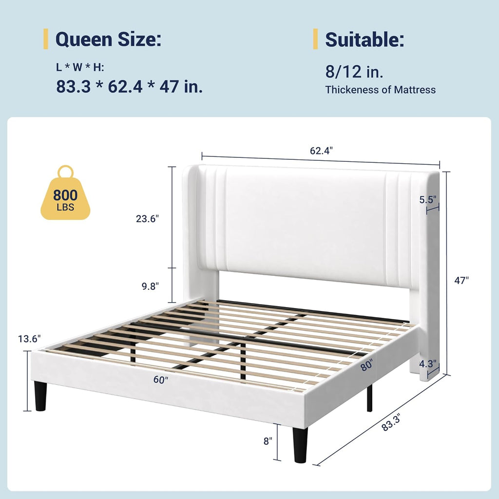 Queen Velvet Platform Bed Frame with Vertical Tufted Wingback Headboard, Easy Assembly, Under Bed Storage
