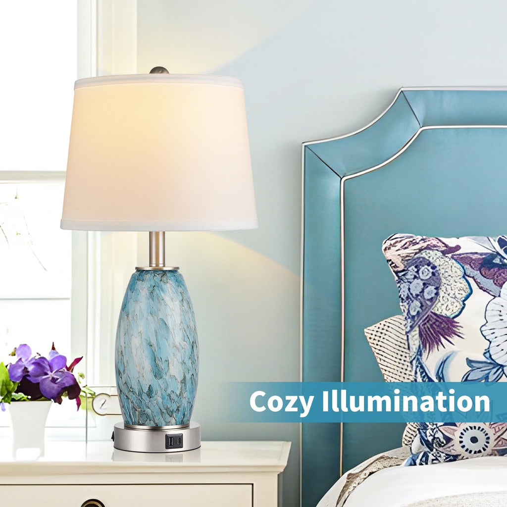 Glass Table Lamp with 3-Way Lighting Modes & USB C+A - Coastal Modern Style Nightstand Lamp Decoration (23.5" H)