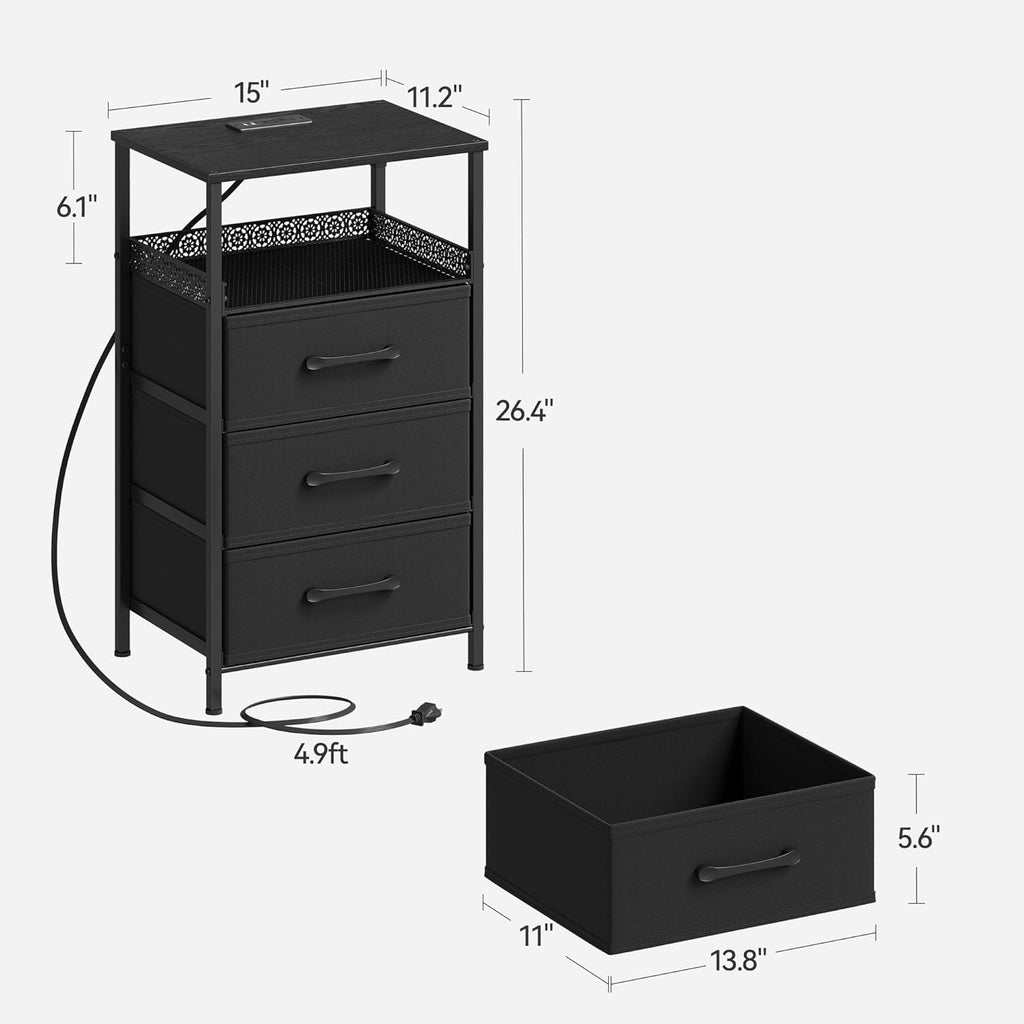 Night Stand Set 2 with Charging Station, 3 Drawer Nightstands with LED Lights, End Table with Outlets and USB Ports