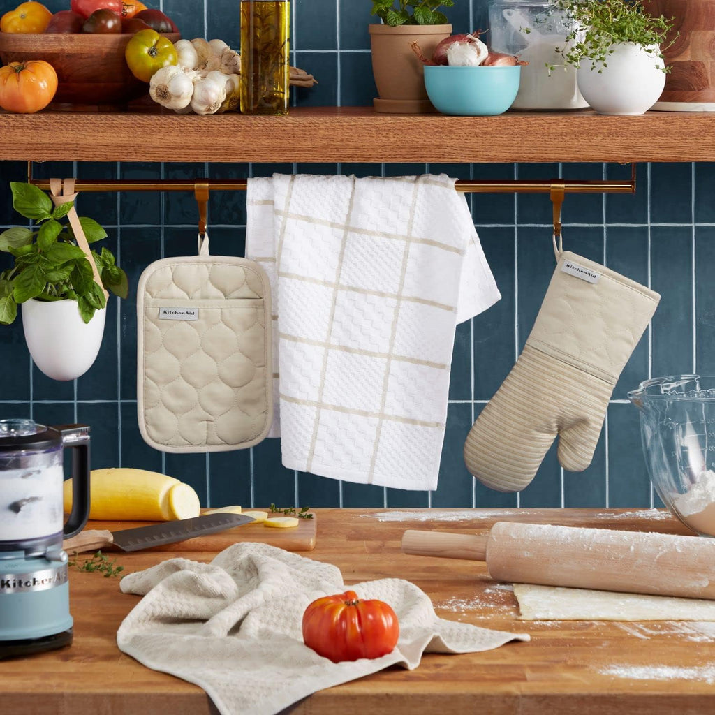 Quilted Cotton Terry Cloth Oven Mitt, Pot Holder, Kitchen Towel 4-Pack Set, Heat Resistant, Silicone Grip, 16"x26"