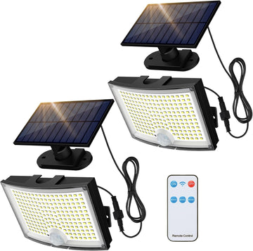 Solar Outdoor Lights 2Pack, 202 LED Flood Lights with 16.4 ft Cable | Remote Control Solar Motion Sensor Outdoor