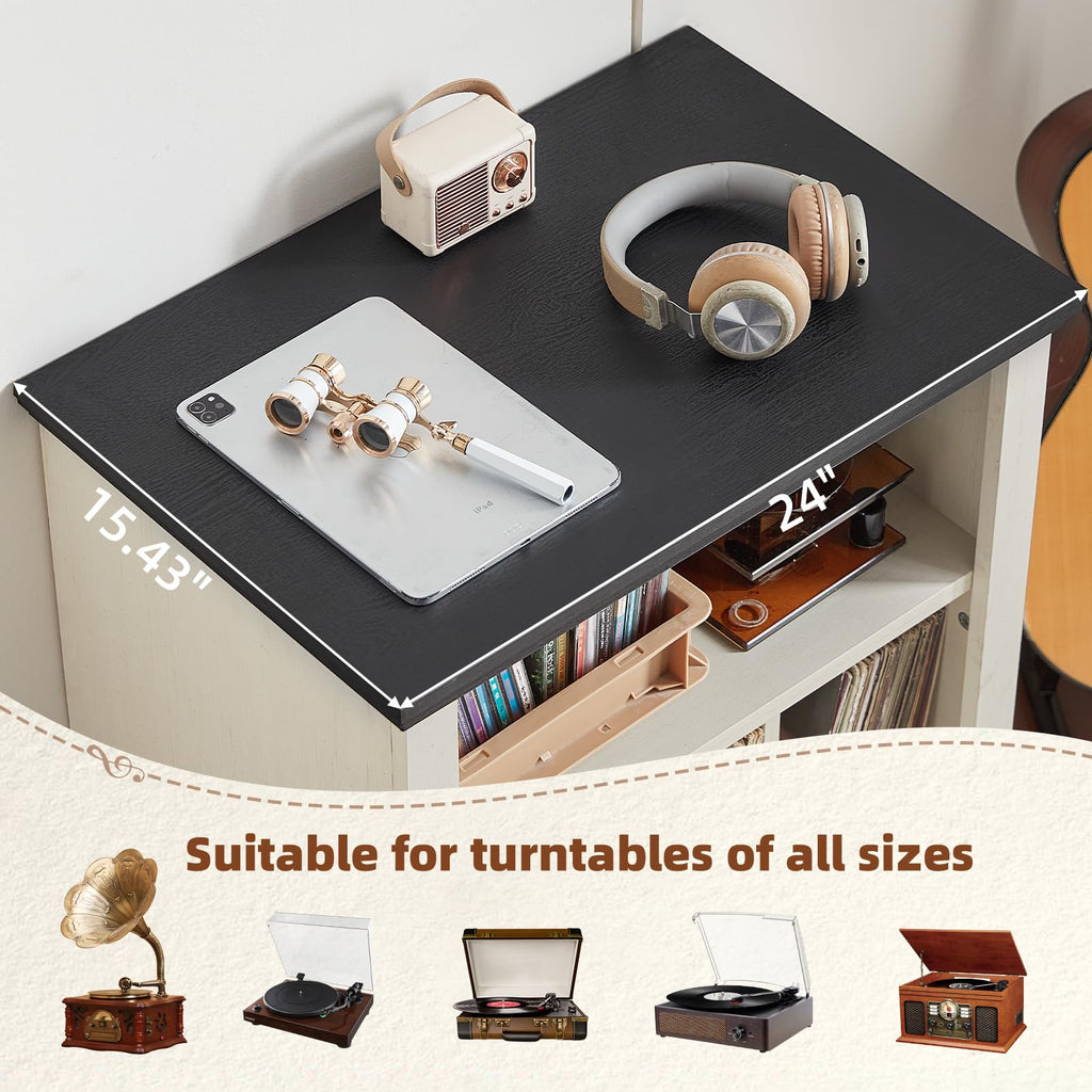 24" Wide Record Player Stand with Vinyl Record Storage, White