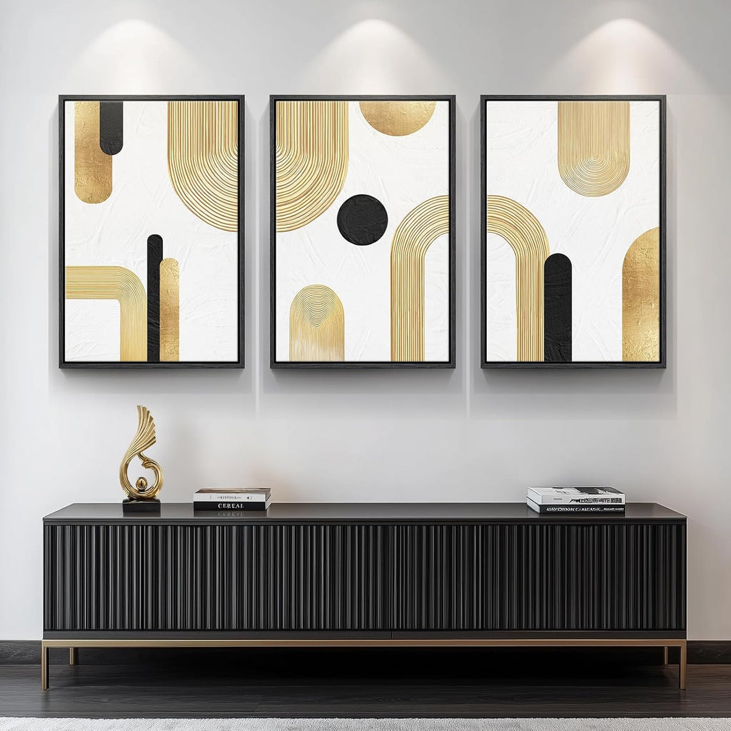 Large Framed Gold Abstract Geometric Wall Art , 3 Piece Modern Canvas Prints Paintings Artwork for Walls, Minimalist