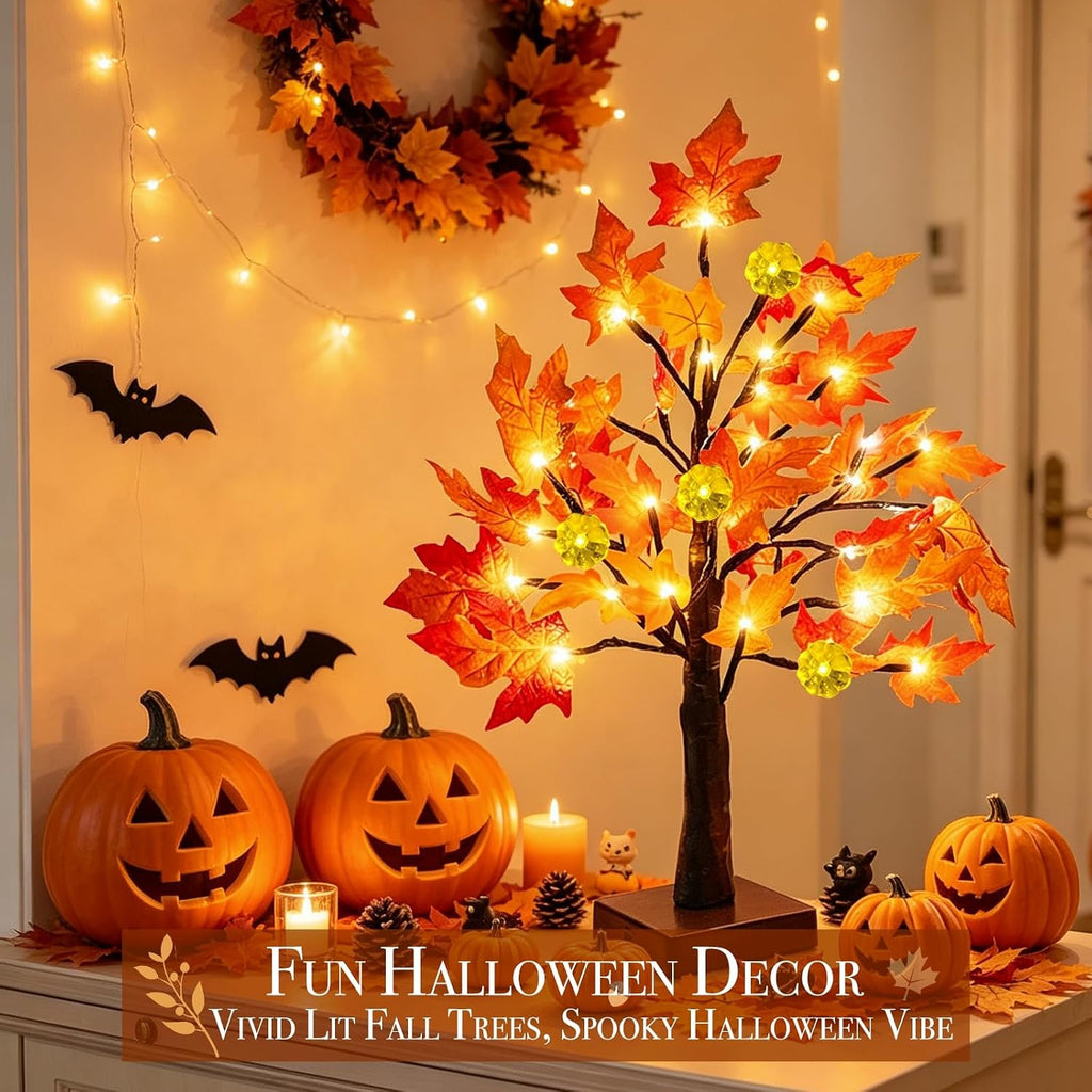 Prelit Fall Maple Tree with Pumpkin Lights Timer 24 Warm White LED 18 Inch