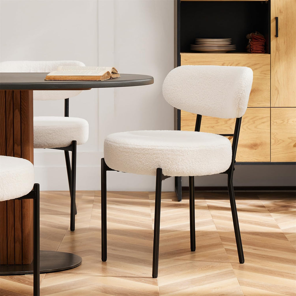 Dining Chairs Set of 2, Mid Century Modern Boucle Upholstered Kitchen Chair with Curved Backrest & Metal Legs for Home/Living Room/Bedroom/Office-White
