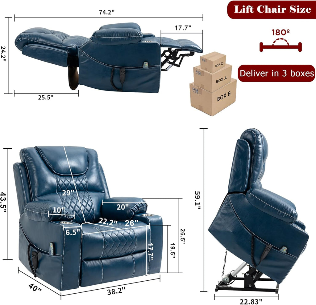 Large Power Lift Recliner Chair Sofa with Massage and Heat for Big and Tall Elderly,Infinite Positions,Dual Motor,Cup