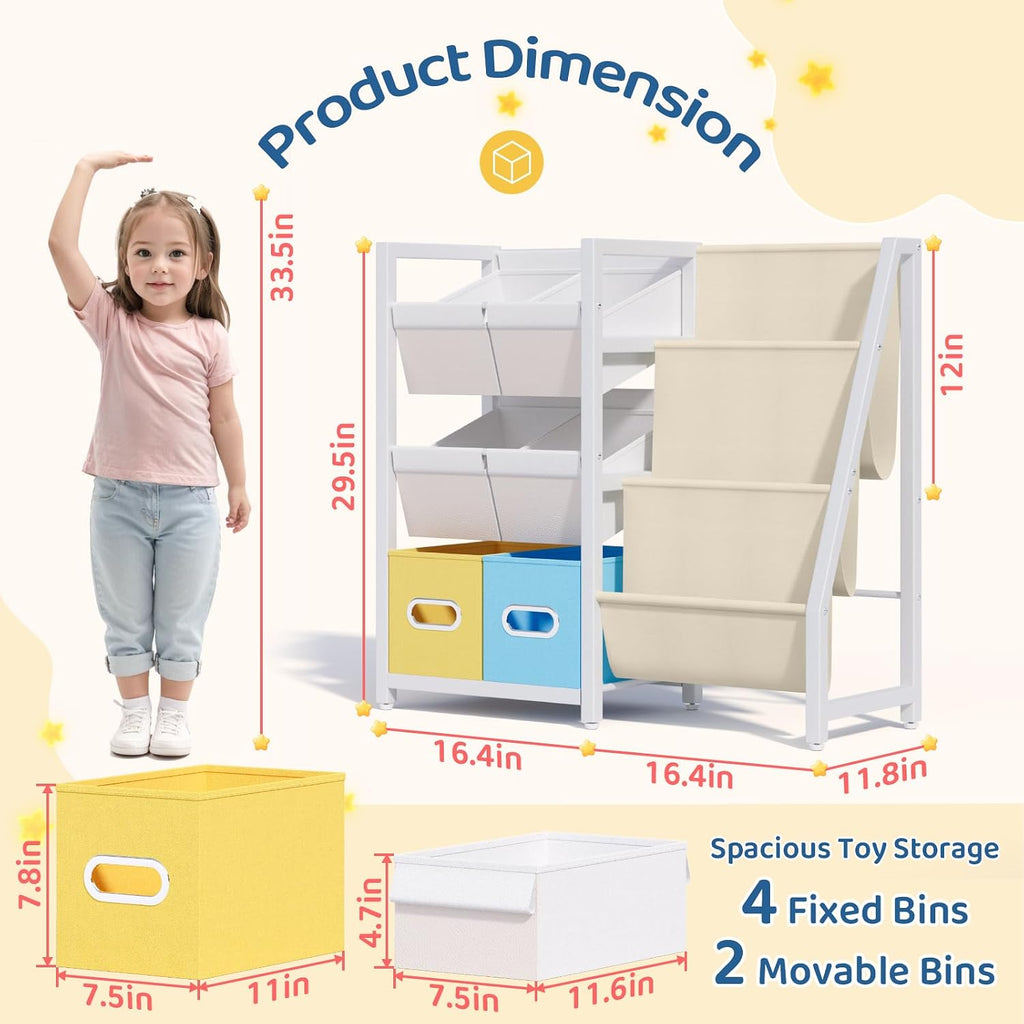 Kids Bookshelf Toy Storage Organizer, Toddler Baby Montessori | Montessori Toddler Book Rack With 3 Slings & 6 Toy