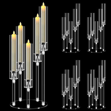 4 Set 5 Arm Acrylic Candle Holder, Mjkeomo 22'' Tall Candelabra Centerpieces for Tables, Candlesticks Holder with Lampshade for Housewarming Gift Fireplace Dinner Decor Fit 0.82'' LED Candle