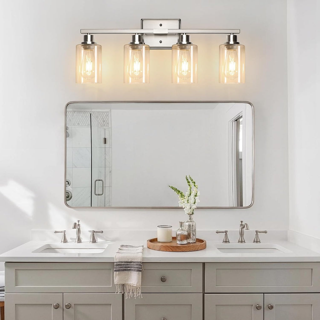 Bathroom Light Fixtures, 4-Light Vanity Lights with Clear Glass Shade, Modern Brushed Nickel Wall Light for Mirror