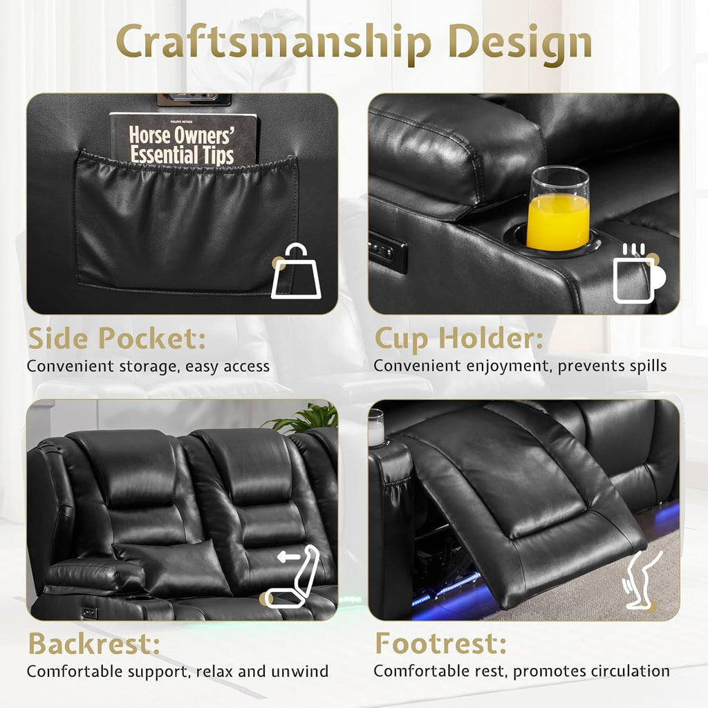 Power Loveseat Recliner Sofa with Adjustable Split Back, Multi-Port Charger, Flip-Up Backrest & LED Lighting