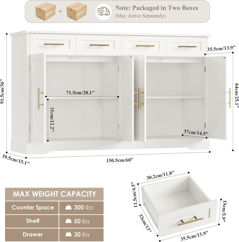 60" Large Buffet Sideboard with Storage, 36" Tall Kitchen Buffet Storage Cabinet with 4 Drawers