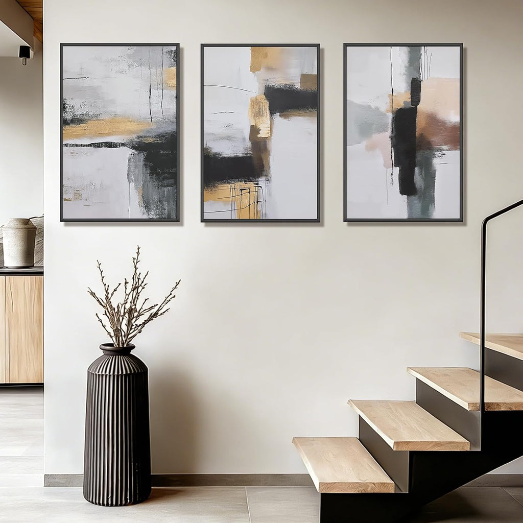 Large Neutral Abstract Wall Art Set of 3 Framed Canvas Prints, 24x36 Inch Modern Beige Black Abstract Paintings with