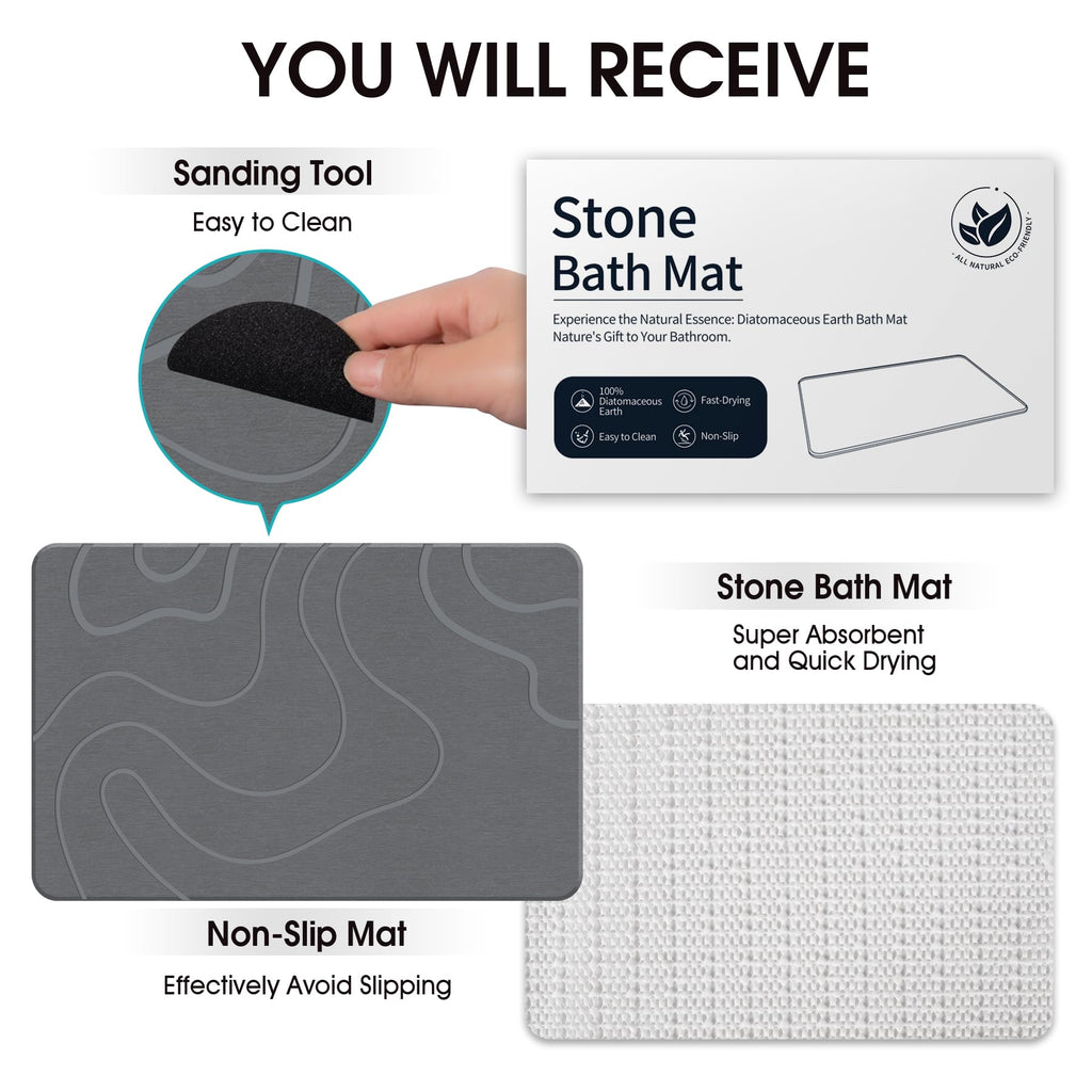 Stone Bath Mat, Diatomaceous Earth Shower Mat, Quick Dry, Grey