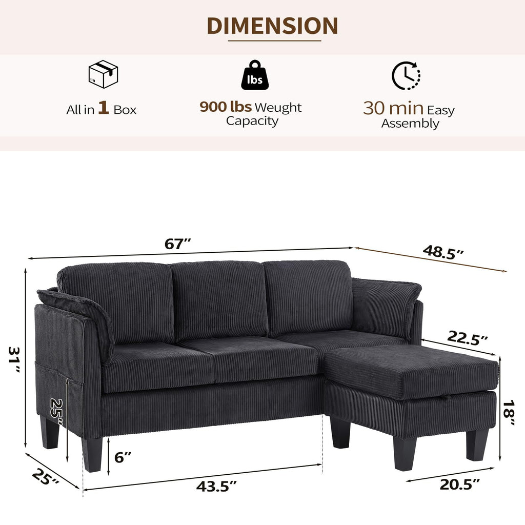Modern Convertible L Shaped Sofa with Reversible Chaise, 3-Seater Corduroy Couch with Storage Movable Ottoman