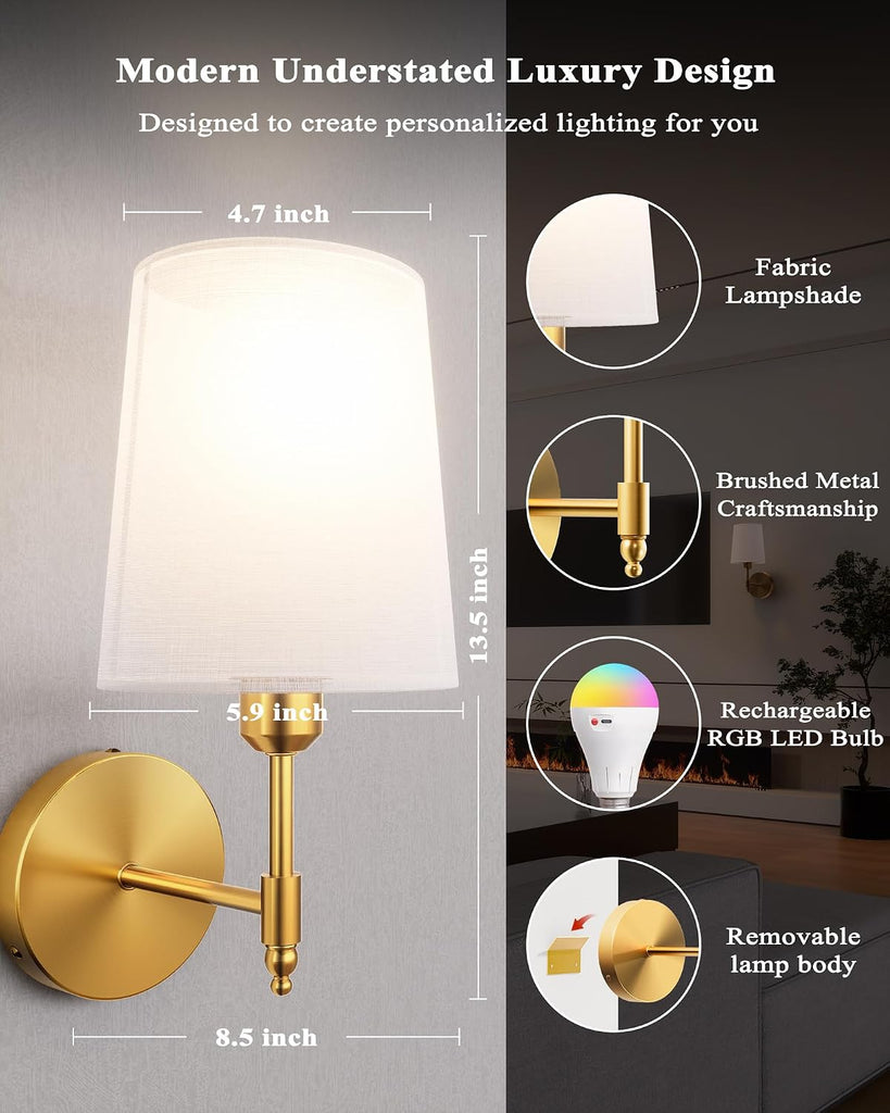 Battery Operated Wall Sconces Set of 2, Wireless Rechargeable Dimmable Wall Light with RGB Bulb and Remote for Bedroom, Living Room, Hallway (Gold)