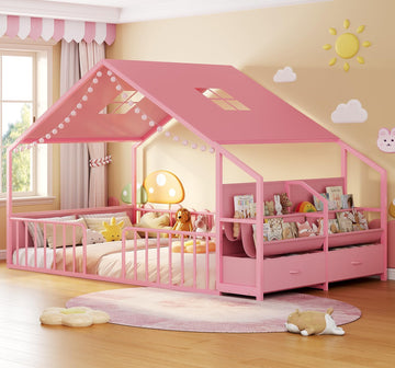 Montessori Full Size Floor Bed, Safety Guardrails, Reading Nook, Pink | House Shape, Sling Bookshelves, Storage