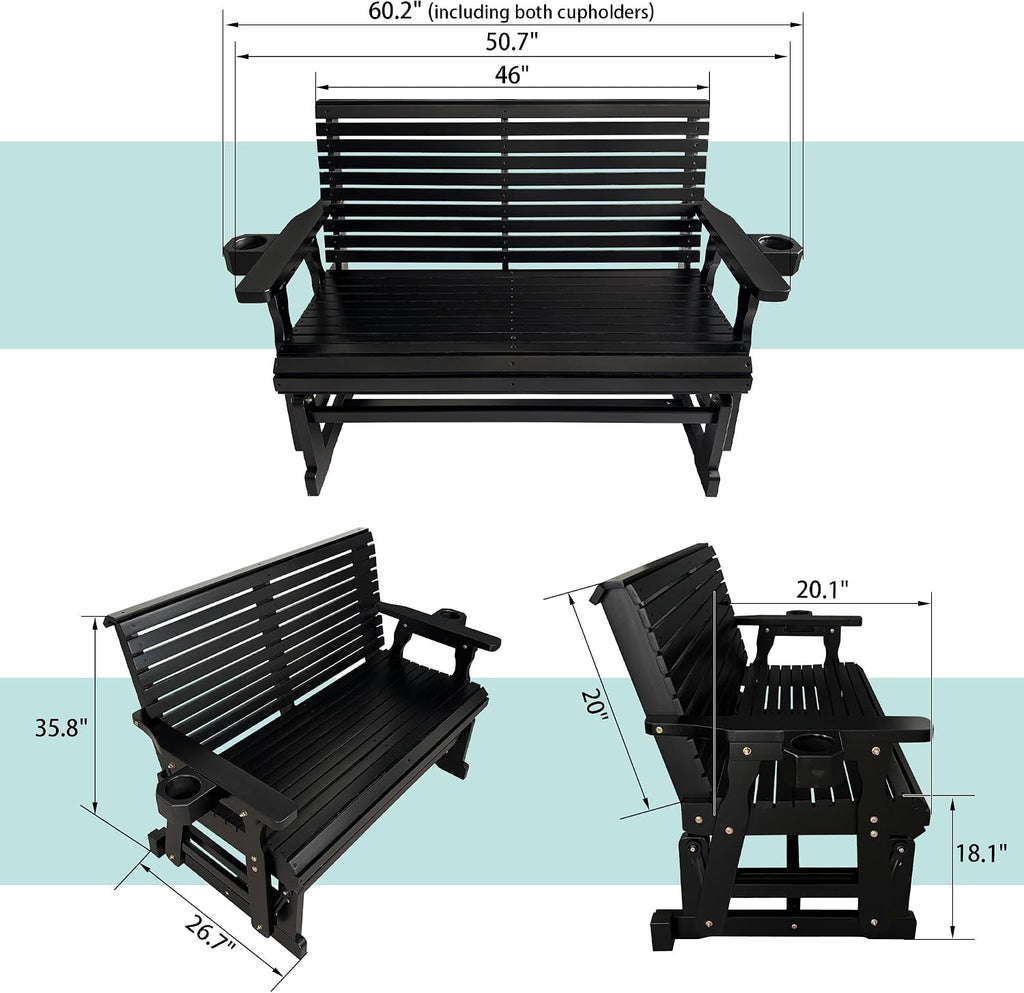 Patio Glider with Cup Holders, High Roll Back and Deep Contoured Seat, Heavy Duty 800 Lb (Matte Black, 2-Seater)
