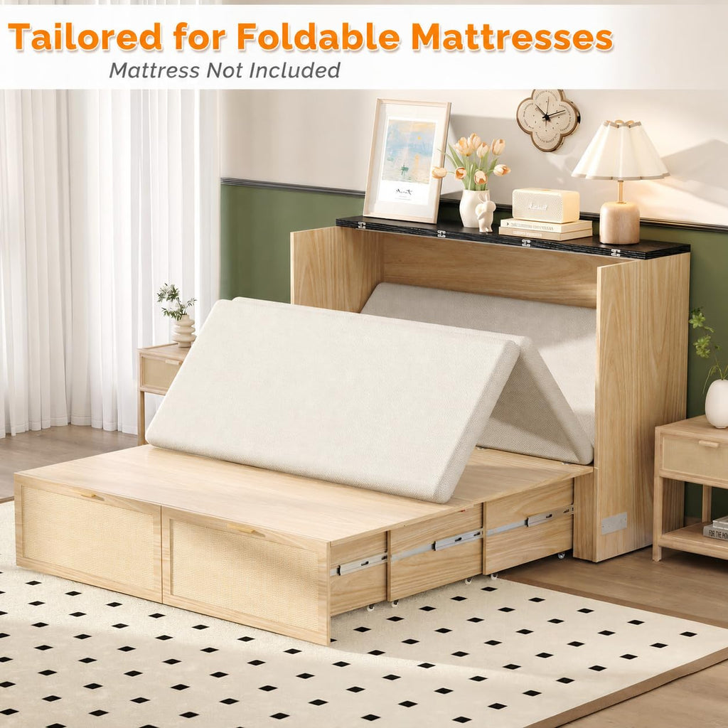 Queen Size Rattan Murphy Bed with Storage Drawer, 2 Charging Station, Boho, Hideaway Paltform Panel Bed for Small