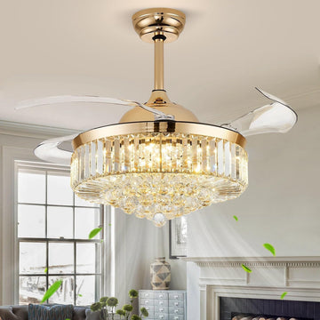 42'' Fandelier Ceiling Fans with Light, Chandelier Ceiling Fan, Retractable Crystal Ceiling Fan , 3 Color Change