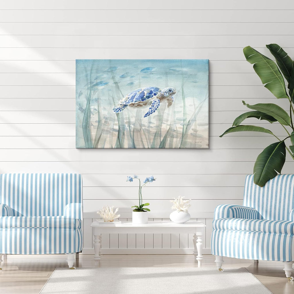 Ocean Wall Decor Blue Turtle Canvas Art Sea Grass Pictures Coastal Print Painting Nautical Artwork Ready to Hang