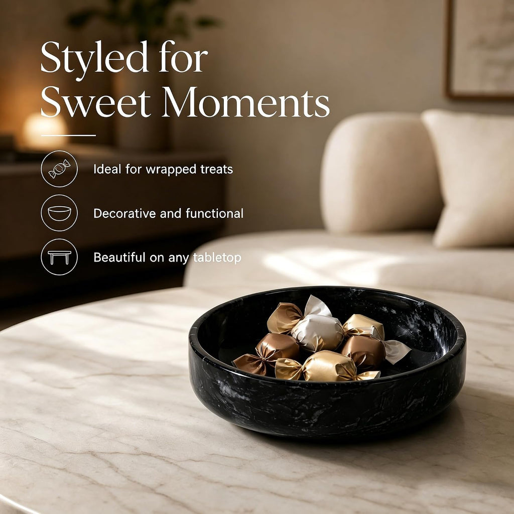 Natural Marble Decorative Bowl - Hand-Polished Stone Catchall Tray for Coffee Table Centerpiece, Entryway Key Holder