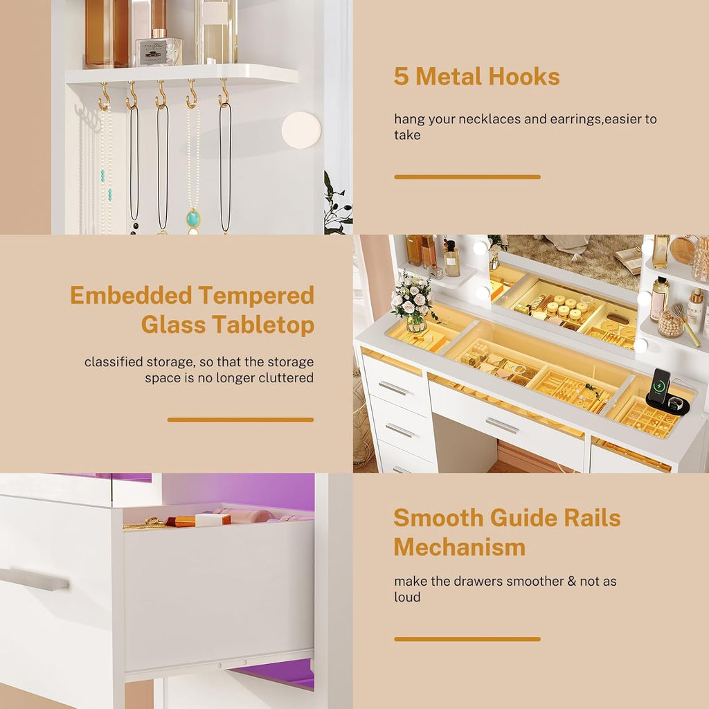 Makeup Vanity Desk with Mirror and Lights, White Vanity with Glass Top, 3 Colors LED Lights & Power Outlet, Vanity